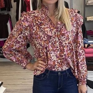 Love the Label puff sleeve button front top ruffle cuffs stand up collar floral